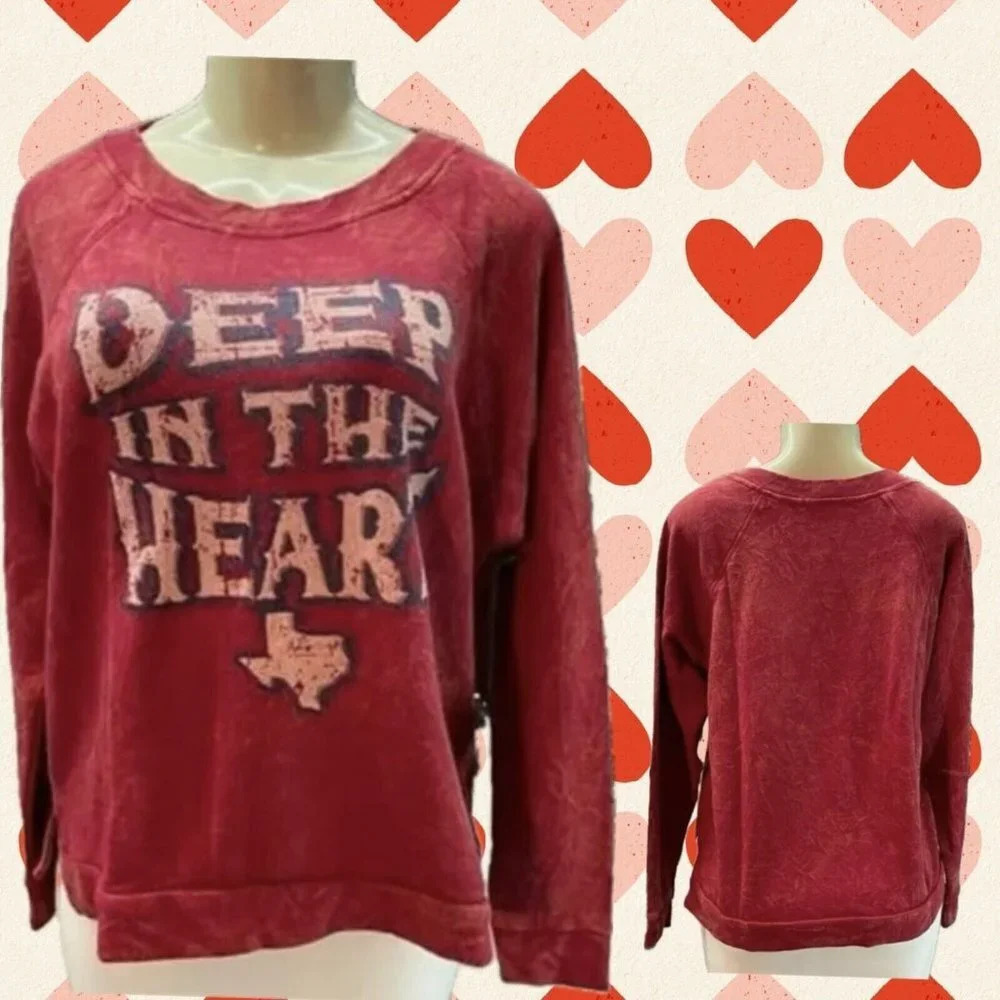 Rock & Roll Cowgirl XL Red Texas Heart Graphic Raglan Long Sleeve Sweatshirt